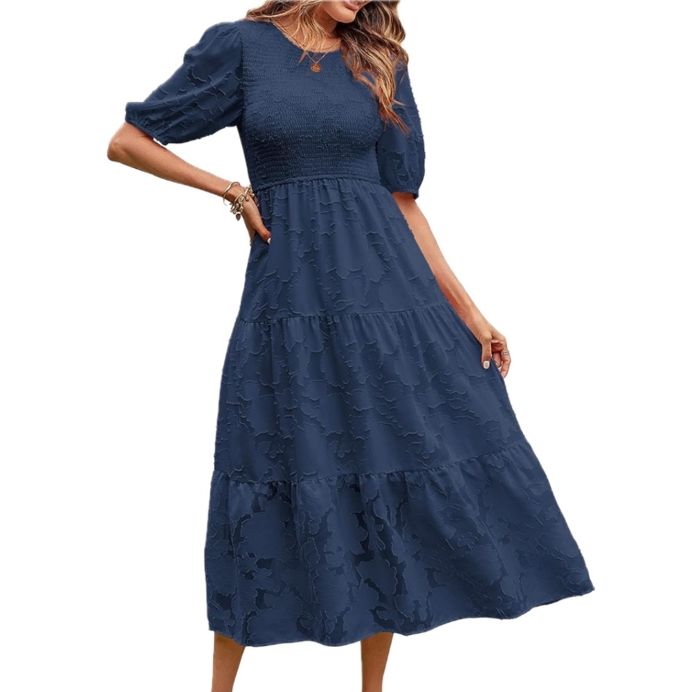 Navy Puff Sleeve Smocked Floral Dress Crewneck Lace Flowy Tiered Midi Dresses